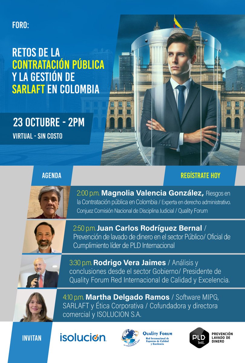 ISOLUCION's tweet photo. Foro: Retos de la Contratación Pública y SARLAFT en #Colombia 
🗓️​ 23 oct, 🕑2pm ​
💻​Virtual y gratuito.
Regístrate:
https://t.co/IF9IJNbfUr
#Riesgos #Antisoborno #Anticorrupcion #Sarlaft #Laft #Corrupcion #Soborno #Ciberseguridad #Iso37301 #Sgsi #Iso27001 #DAFP #Software https://t.co/gPjeNV2oRq