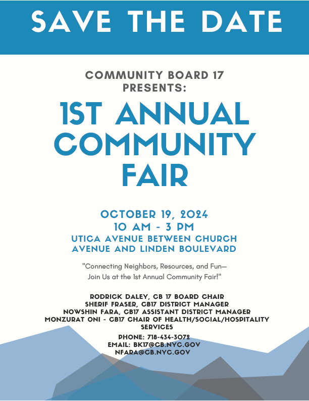 MayorsPEU's tweet photo. Join us at the 1st Annual Community Fair, organized by @CommunityB17!

🗓️ October 19, 2024
🕙 10 AM – 3 PM
📍 Utica Ave between Church Ave &amp; Linden Blvd

We will be there to connect you with essential resources. Don’t miss out! https://t.co/XwkyvoKqQn