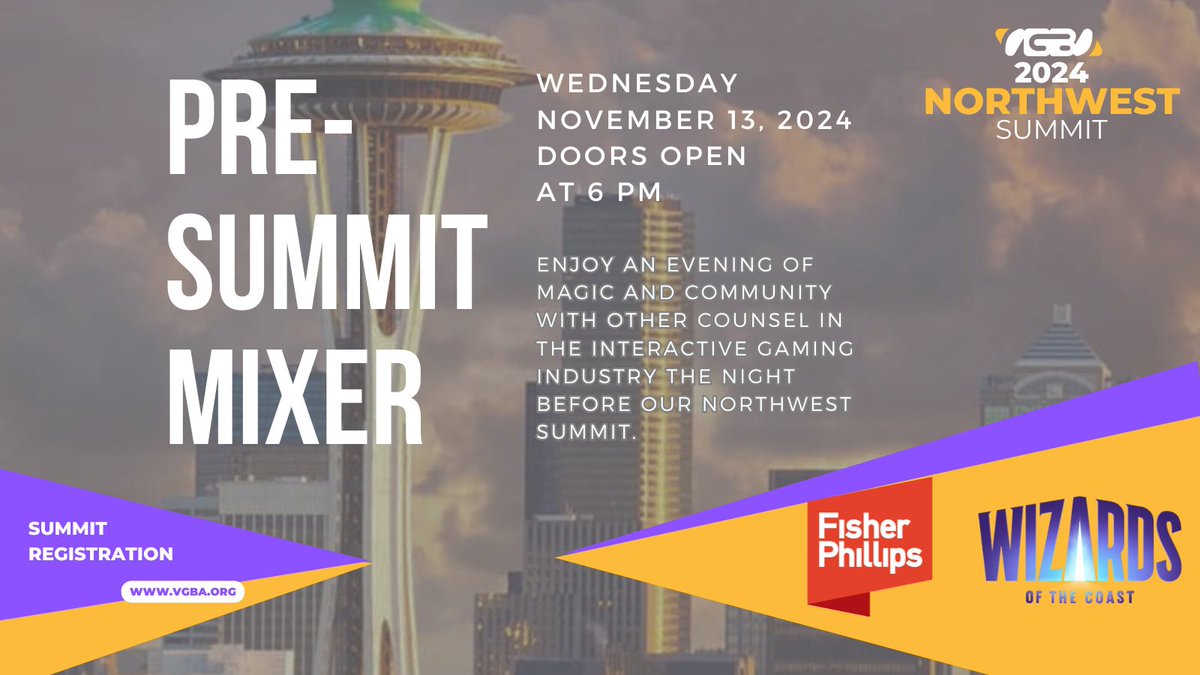 The Video Game Bar Association (@videogamebar) on Twitter photo All interactive entertainment lawyers in the area are welcome to attend, mix, and learn more about the <a href="/VideoGameBar/">The Video Game Bar Association</a> at our pre-summit mixer. The VGBA is thankful to our hosts, <a href="/Wizards/">Wizards of the Coast</a>, and our sponsor, <a href="/labor_attorneys/">Fisher Phillips</a> !
To RSVP t.ly/deOZL All interactive entertainment lawyers in the area are welcome to attend, mix, and learn more about the <a href="/VideoGameBar/">The Video Game Bar Association</a> at our pre-summit mixer. The VGBA is thankful to our hosts, <a href="/Wizards/">Wizards of the Coast</a>, and our sponsor, <a href="/labor_attorneys/">Fisher Phillips</a> !
To RSVP t.ly/deOZL