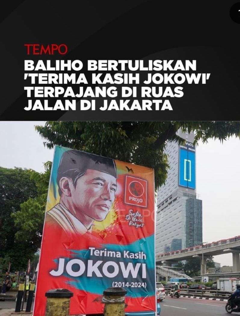 KardoSony's tweet photo. Jelang peralihan kekuasaan mulai banyak baliho yang mejeng di sudut Jakarta.Baliho itu bertuliskan terima kasih Jokowi (2014-2024) dan selamat bekerja Prabowo-Gibran (2024-2029).

#JudolBahaya
Liberty 
Liam Payne
Bahlil hobi
JUNG HOSEOK
Sabrina Ionescu https://t.co/sZJz3EVkvE
