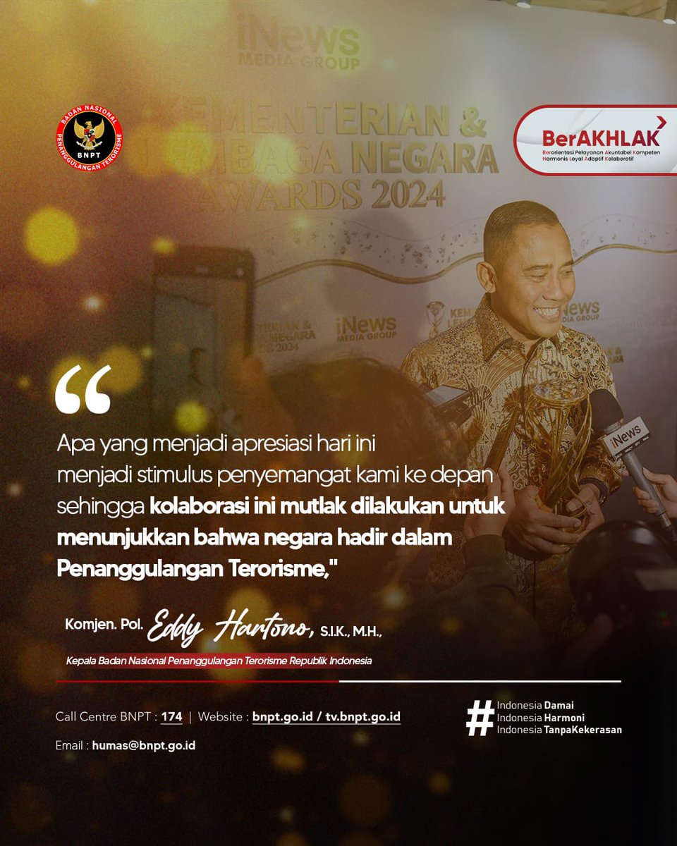 BNPTRI's tweet photo. #SobatDamai, BNPT mendapatkan apresiasi dari komunitas media yaitu INews Media Group atas program-program kolaboratif BNPT yaitu RAN PE dan Sinergisitas.

Mari kita terus perkuat kolaborasi dan sinergi, menciptakan Indonesia yang aman dan damai

#ranpe 
#sinergisitas
#bnptri https://t.co/na08cDncNx