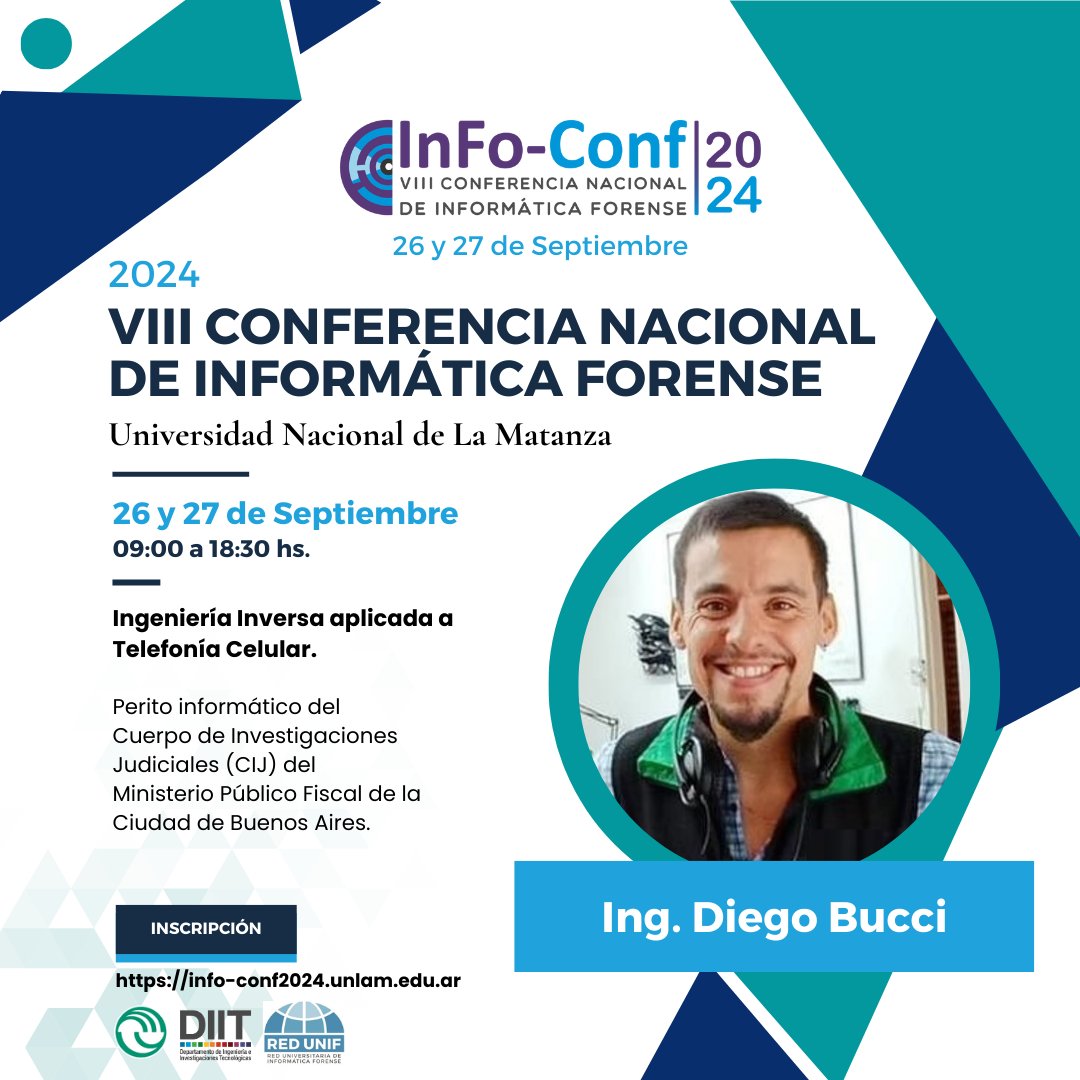 GioiaCintia's tweet photo. InFo-Conf 2024 - VIII Conferencia Nacional de Informática Forense 

Comparto la disertación de Ing. Diego Bucci, "Ingeniería Inversa aplicada a Telefonía Celular": https://t.co/LFL6TiIhDL

@unlamoficial @DiitUnlam  #RedUNIF  @infolabmdq   @CrimL4b https://t.co/DSXMzaQcE1