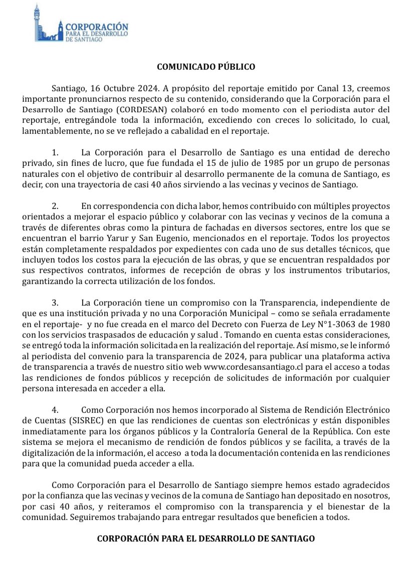 COMUNICADO PÚBLICO: Respondemos frente al reportaje que realizó <a href="/canal13/">El 13</a> hoy miércoles 16 de octubre.