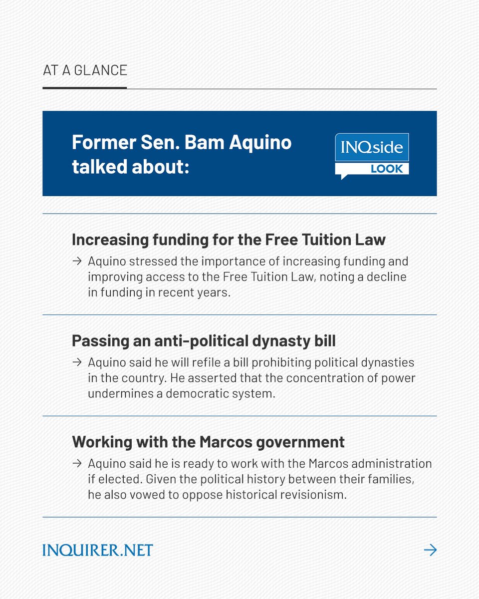 inquirerdotnet's tweet photo. Here’s a quick recap of https://t.co/E0yNJSWXKw’s #INQsideLook with senatorial aspirant Bam Aquino, who discussed integrating an employment mechanism into the free college education law, along with his thoughts on working with the Marcos government.
Watch Aquino's full sit-down interview on our YouTube channel and Facebook page. #VotePH
💻 https://t.co/67rKNr0xAc
📱 https://t.co/4362JbJtKR