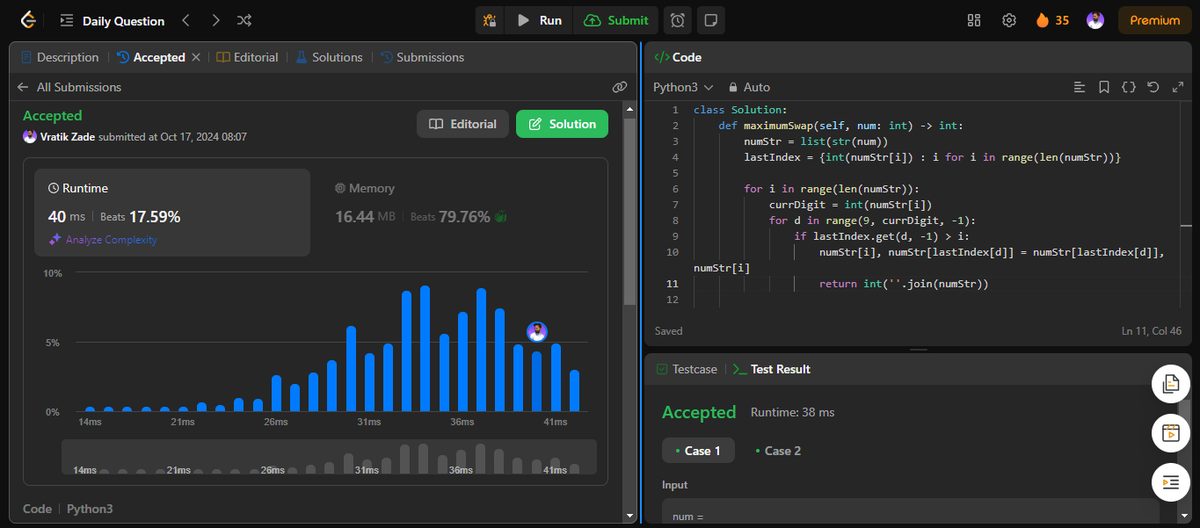 VratikZ's tweet photo. 🎯 Day 28 of POTD Challenge⚔

👉 LeetCode: Maximum Swap (Medium)
👉 GFG: Split Linked List Alternatingly (Easy)

#coding #problemsolving #leetcode #geeksforgeeks #javascript #python #programming #growth https://t.co/nIBLzPFRSi
