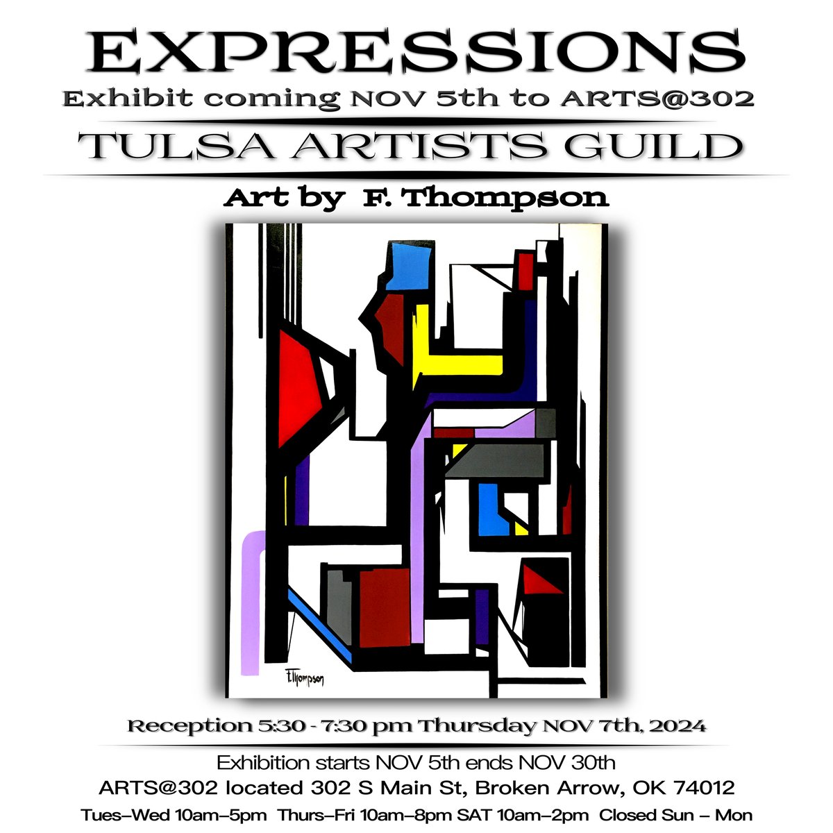 Get Ready! TAG’s EXPRESSIONS Exhibit is coming NOV 5th to ARTS@302 in Broken Arrow just in time for holiday gift buying season! Many unique sculptures &amp; beautiful paintings by 23 TAG artists like this one by F.Thompson will be on exhibit &amp; available for sale.