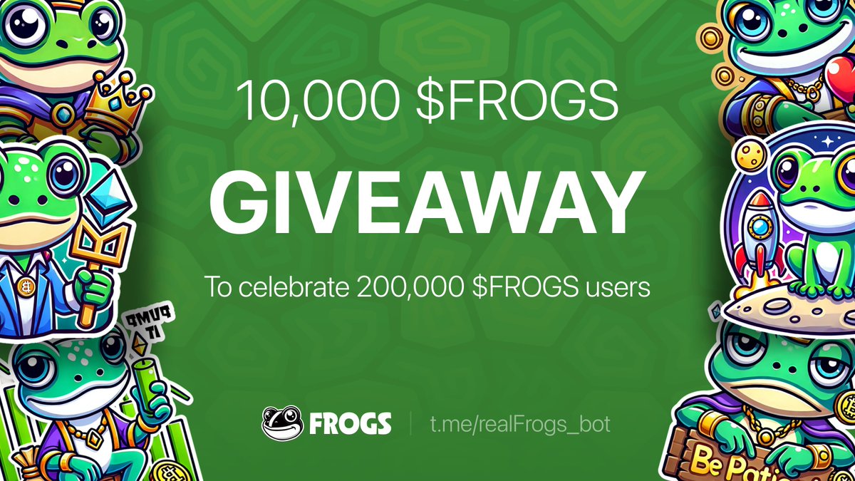 realFrogsClub's tweet photo. $FROGS Airdrop is now live 🔥 
🐸 Ribbit ribbit 🐸
🐸To celebrate 200,000 holders on board, ⁠⁠frogs will #Giveaway 10,000 $FROGS to the community!
🎁 Prize: 10,000 $FROGS/ 5 winners
How to join 👉
✅ Follow @realFrogsClub
✅ RT & Tag 3 friends 
✅ Join https://t.co/b2IYOZwY8L & Drop your TG handle⤵️
⏰ 72H