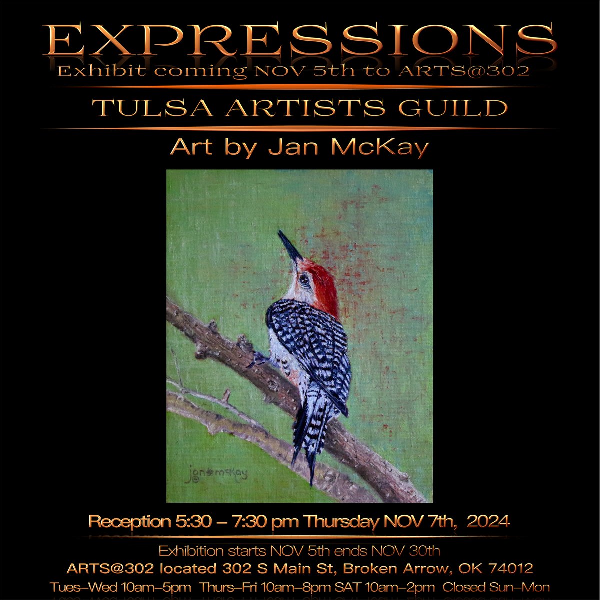 Get Ready! TAG’s EXPRESSIONS Exhibit is coming NOV 5th to ARTS@302 in Broken Arrow just in time for holiday gift buying season! Many sculptures &amp; beautiful paintings by 23 TAG artists like this one by Jan McKay will be on exhibit &amp; available for sale.
