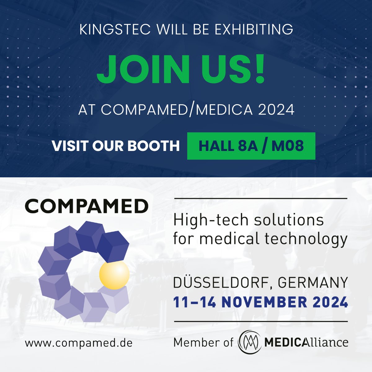 Kingstec_Tech's tweet image. We&apos;re excited to be heading back to Germany in November for the MEDICA/COMPAMED 2024! If you plan on being in Germany, please visit the Kingstec booth M08 in Hall 8A. 

bit.ly/3TN3bN9 

#kingstec #kingstectechnologies #compamed2024 #compamed #medica