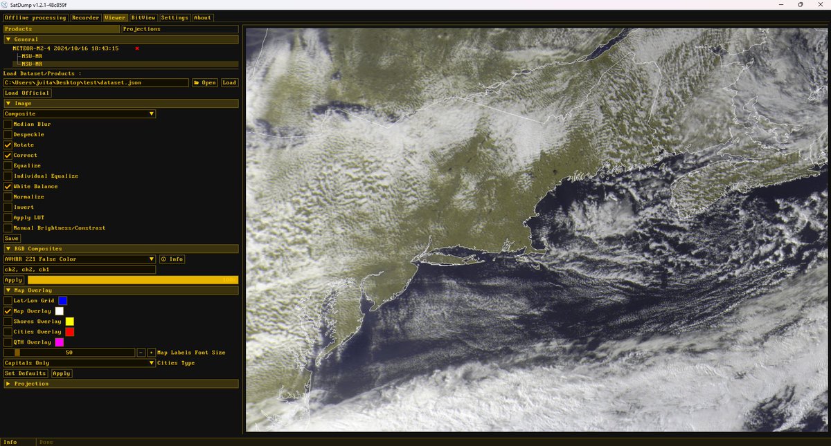 JVital2013's tweet image. For over a week now, METEOR M2-4 has not been properly identifying itself on LRPT - resulting in #SatDump misidentifying the sat as the defunct M2.
To combat this, the latest SatDump nightly now has an override to let you manually specify the LRPT sat you're receiving!