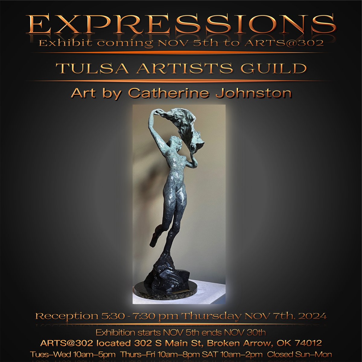 TAG’s EXPRESSIONS Exhibit is coming NOV 5th to ARTS@302 in Broken Arrow just in time for holiday gift buying season! Many sculptures &amp; beautiful works of art by 23 TAG artists like this Bronze by Catherine Johnston will be on exhibit &amp; available for sale.