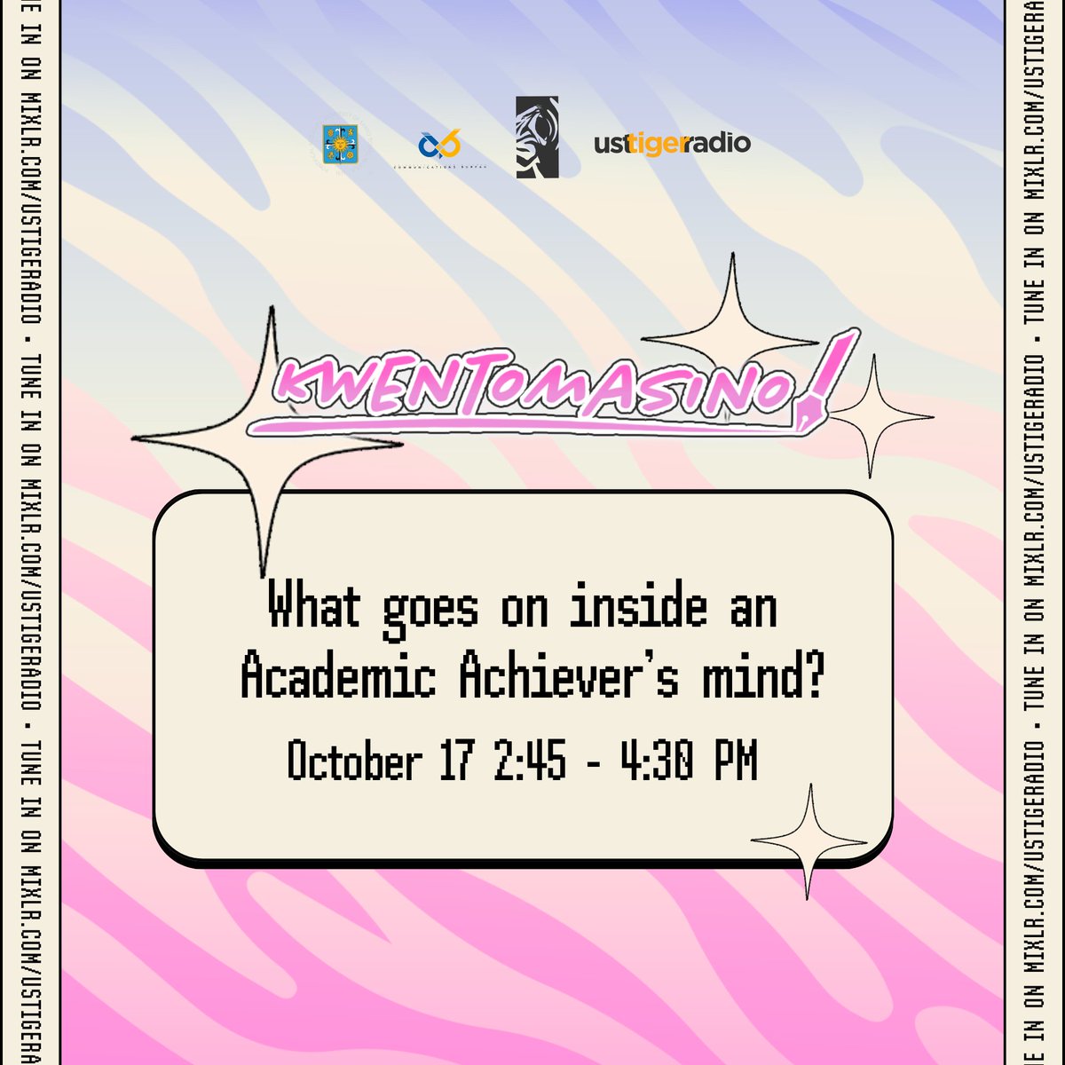 tigeradioUST's tweet photo. Are you an academic achiever? 🧠
#TRKwentomasino’s the right show for you! Catch Tiger Jocks Santi and Toby talk about what goes on in an academic achiever’s mind! 🤔
Tune in from 2:45 to 4:30 PM on TikTok and https://t.co/aqHNim9R4y!
#BetterWithTR https://t.co/qsnESJbVvL