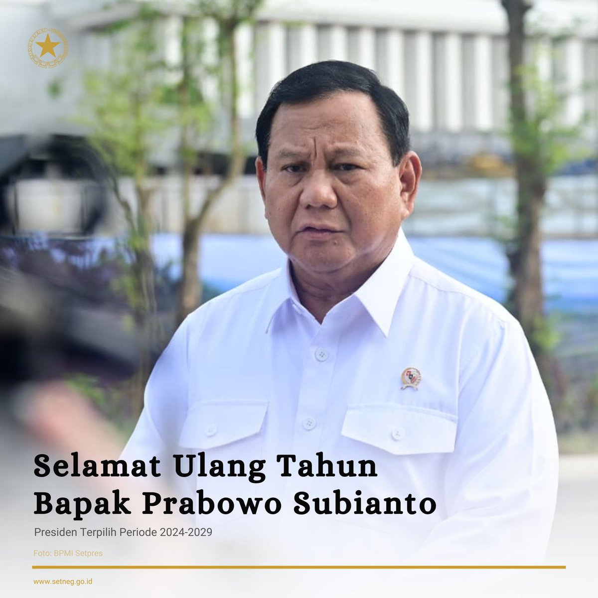 Selamat Ulang Tahun kepada Presiden Terpilih, Bapak Jenderal TNI (Purn.) H. Prabowo Subianto. 🥳🎉

Semoga senantiasa diberikan kesehatan dan kebahagiaan. Segenap bangsa Indonesia mendoakan kelancaran dalam tugas dan pengabdian kepada negara. 🇮🇩🫡

#KemensetnegRI