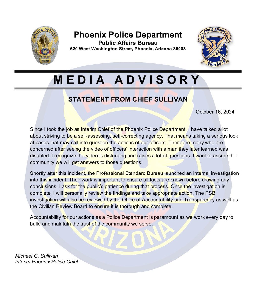 Phoenix’s Chief just released a statement about Tyron McAlpin’s arrest. 

This comes after the scandal became international news. 

Phoenix PD essentially said nothing when <a href="/abc15/">ABC15 Arizona</a> reached out a full week ago. And the Chief’s PR team has known about the case since at least 10/1.