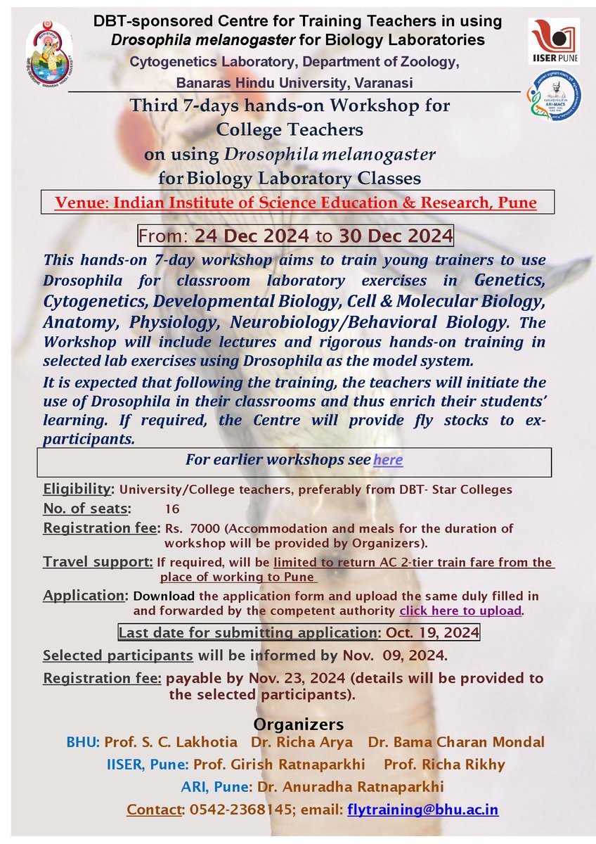 Richa Arya (@richa__arya) on Twitter photo With the support of DBT, the fourth hands-on workshop for Teacher's in using Drosophila for classroom teaching will be held at IISER Pune. All interested, please apply and circulate amongst others <a href="/IISERPune/">IISER Pune</a> <a href="/bhupro/">BHU Official</a> <a href="/SmitaJainIISc/">Smita Jain</a> <a href="/DBTIndia/">Department of Biotechnology</a> <a href="/ugc_india/">UGC INDIA</a> forms.gle/4NZicXZfHnuDHHโฆ With the support of DBT, the fourth hands-on workshop for Teacher's in using Drosophila for classroom teaching will be held at IISER Pune. All interested, please apply and circulate amongst others <a href="/IISERPune/">IISER Pune</a> <a href="/bhupro/">BHU Official</a> <a href="/SmitaJainIISc/">Smita Jain</a> <a href="/DBTIndia/">Department of Biotechnology</a> <a href="/ugc_india/">UGC INDIA</a> forms.gle/4NZicXZfHnuDHHโฆ