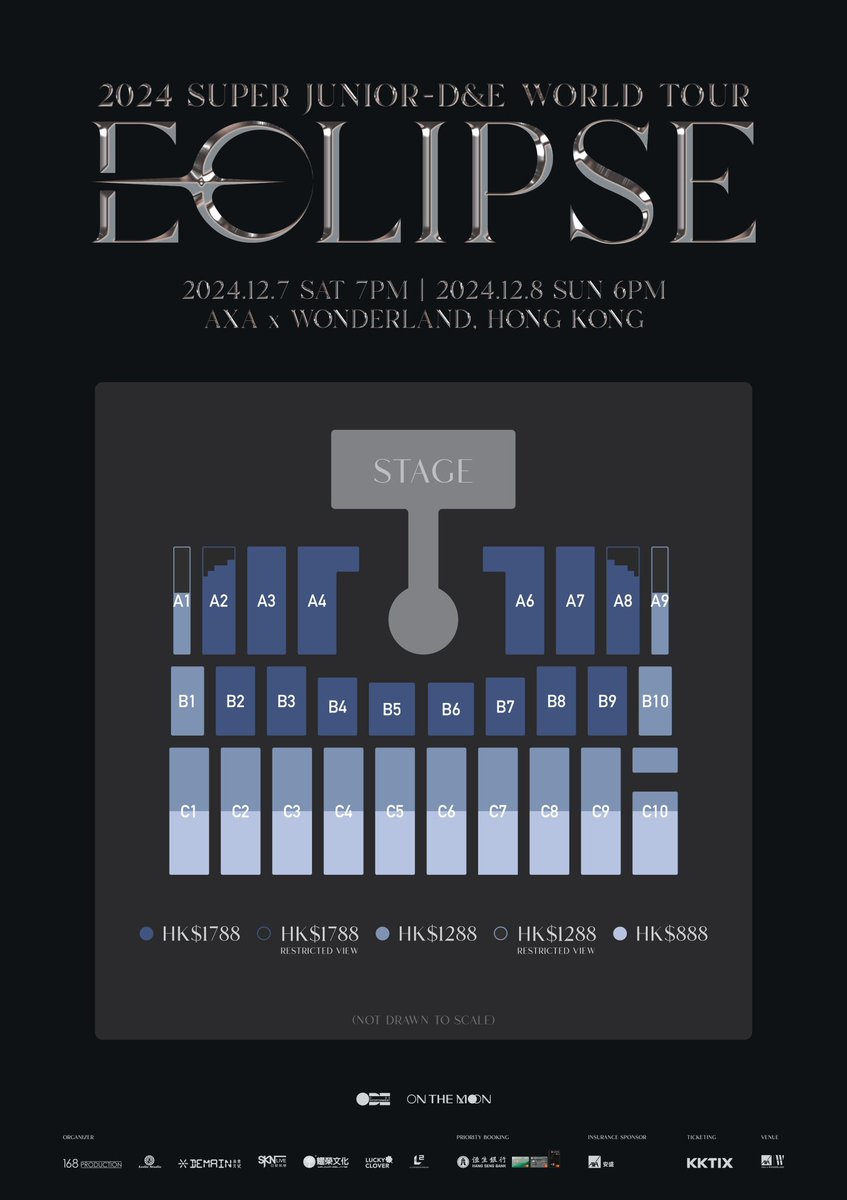 168ProductionHK's tweet photo. [2024 SUPER JUNIOR-D&E WORLD TOUR : ECLIPSE in HONG KONG] 公開發售資訊及座位表

韓國人氣組合SUPER JUNIOR-D&E，將再度來港舉行演唱會! 2024 SUPER JUNIOR-D&E WORLD TOUR : ECLIPSE in HONG KONG將於2024年12月7-8日假西九文化區安盛x竹翠公園舉行。各位ANNIE如果唔想錯過現場近距離欣賞東海、銀赫演出的機會，就要快啲記低以下公開發售日期及時間，一齊撲飛啦！

✨公開發售：10月21日（一）下午1時 @KKTIX

演出資訊🎤

🗓️日期 : 2024年12月7日 （六）【晚上7時】及 12月8日 (日）【晚上6時】
📍地點：安盛x竹翠公園
🎫 票價 : HK $1,788 / $1,288 / 888 (全坐位)
*另設有HK$1,788及$1288 視線受阻位置
⌨️ 購票平台：https://t.co/Xt7OSUj1Pc

&&&&&&&&&&&&&&&&&&&&&&&&&&&&&

[2024 SUPER JUNIOR-D&E WORLD TOUR : ECLIPSE in HONG KONG] Public Sales Information and Seating Map

Korea renowned boys group SUPER JUNIOR-D&E will be having their concert in Hong Kong again!  2024 SUPER JUNIOR-D&E WORLD TOUR : ECLIPSE in HONG KONG will be held on 7-8 December 2024 at AXA x WONDERLAND. ANNIE who doesn’t want to miss the chance to see DONGHAE & EUNHYUK up-close should pay attention to the public sale date and grab the tickets!

✨Public sale: 21 October (MON) 1PM @KKTIX

Concert information🎤

🗓️Date: 7 December 2024 (SAT) 【7pm】 & 8 December 2024 (SUN) 【6pm】
📍Venue: AXA x WONDERLAND
🎫 Ticket : HK $1,788 / $1,288 / $888 (All Seated)
*There will also be HK$1,788 & $1,288 restricted view tickets for sale.
⌨️ Ticketing : https://t.co/Xt7OSUj1Pc

#SuperJuniorDnE  #슈퍼주니어DnE 
#DONGHAE #EUNHYUK #ECLIPSE #DnEWORLDTOUR_ECLIPSE #DnEWORLDTOUR_ECLIPSE_IN_HK
#168Production #LeslieStudio #DeMainCulture #SKNLive #yiuwinglive