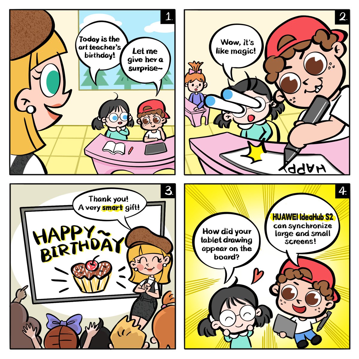 Huawei's tweet image. As if by magic, #Huawei IdeaHub S2 enables the seamless synchronizing of screens! Learn more: tinyurl.com/y39btsta #InnovateForImpact #TechToon