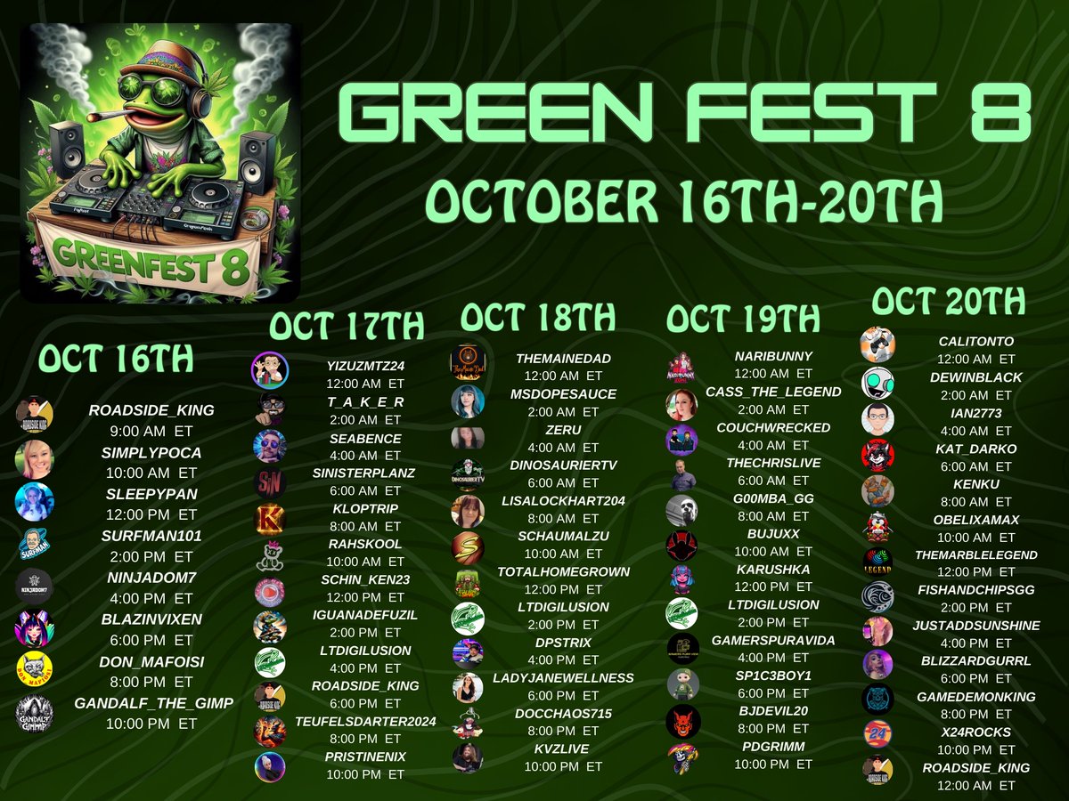 I was supposed to be on Green Fest in an hour, but <a href="/YizuzMtz24/">YizuzMtz24</a> has graciously swapped me spots, due to a family situation. Go check them out at twitch.tv/yizuzmtz24! Then join me on the 19th at 12am EST, or the 18th at 9pm Pacific!  twitch.tv/naribunny