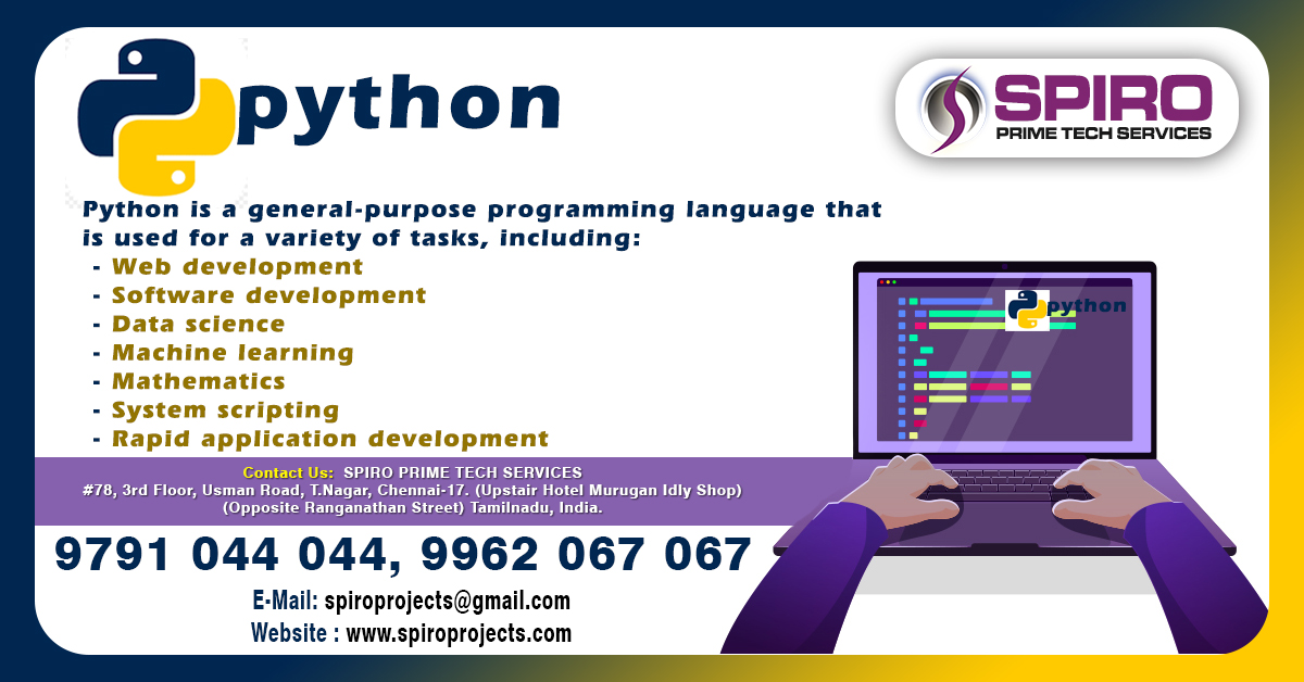 Spiroprojects's tweet image. Python is a general-purpose programming language that is used for a variety of tasks..
#Python #Pythonclass #Pythoncourse #Pythonprojects #Python2025 #Python2024 #Pythonupdated #pythonlearning
Contact Us
9791 044 044, 9962 067 067
spiroprojects@gmail.com
spiroprojects.com
