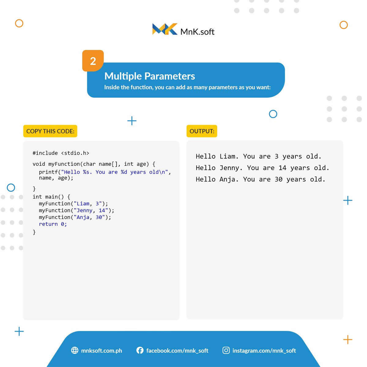 MnkSoft's tweet image. Want to pass parameters to your C functions? 💻✨ Here’s how you can do it! 👇 #CodingTips #CLanguage #FunctionParameters #CodeSnippet #ProgrammingBasics #DevLife