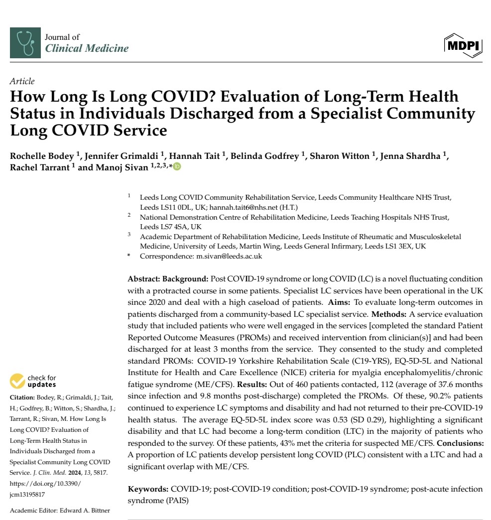 HOW LONG is LONG COVID ?

MAJORITY of PATIENTS (90.2%) CONTINUED to EXPERIENCE SIGNIFICANT SYMPTOMS and DISABILITY even 3 YEARS AFTER their initial COVID-19 infection ! 😢😢😢
mdpi.com/2077-0383/13/1…