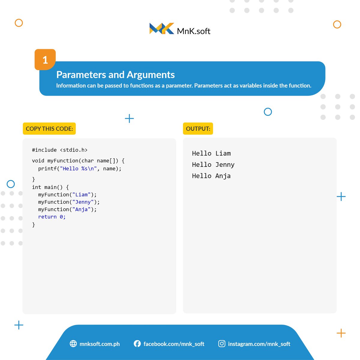 MnkSoft's tweet image. Want to pass parameters to your C functions? 💻✨ Here’s how you can do it! 👇 #CodingTips #CLanguage #FunctionParameters #CodeSnippet #ProgrammingBasics #DevLife
