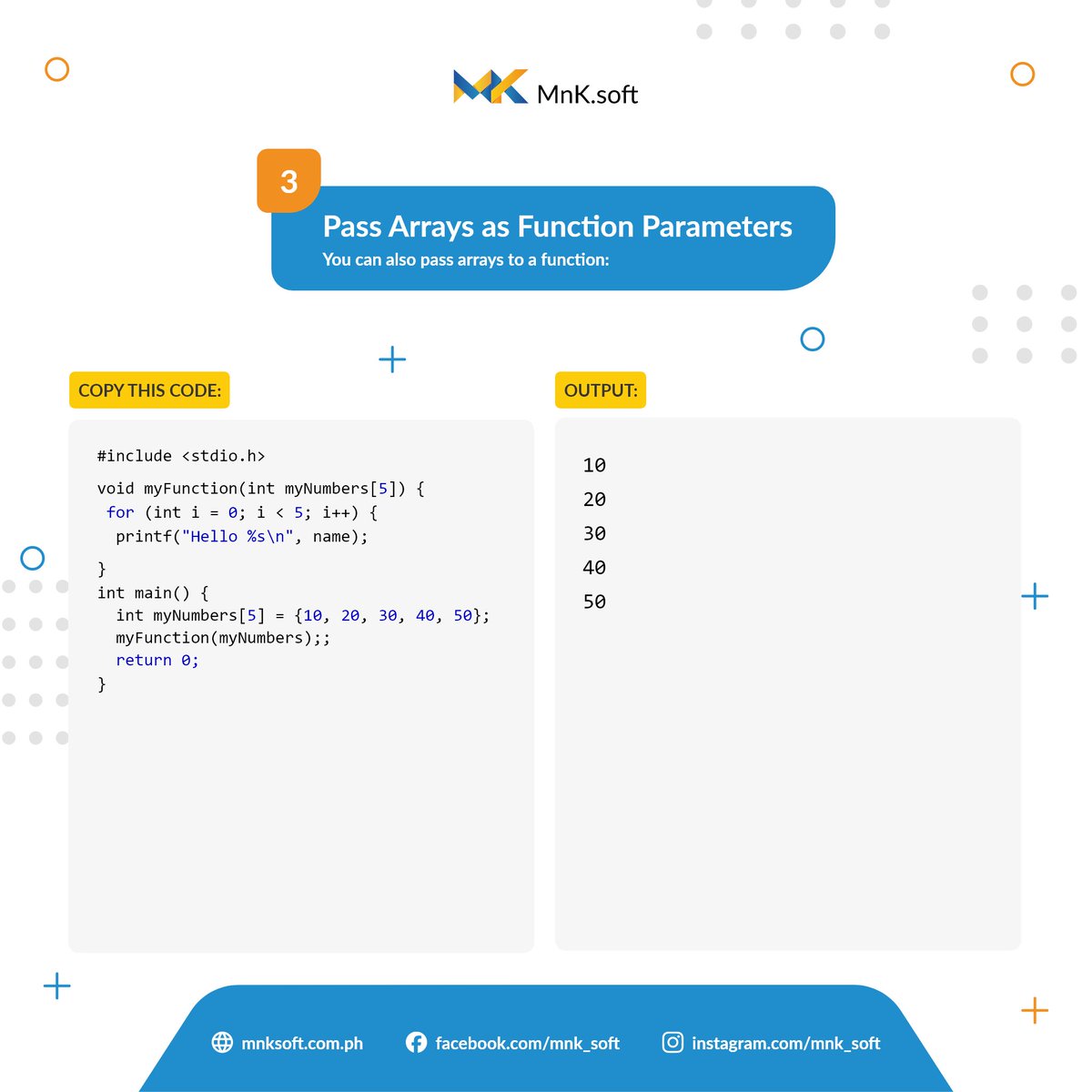MnkSoft's tweet image. Want to pass parameters to your C functions? 💻✨ Here’s how you can do it! 👇 #CodingTips #CLanguage #FunctionParameters #CodeSnippet #ProgrammingBasics #DevLife