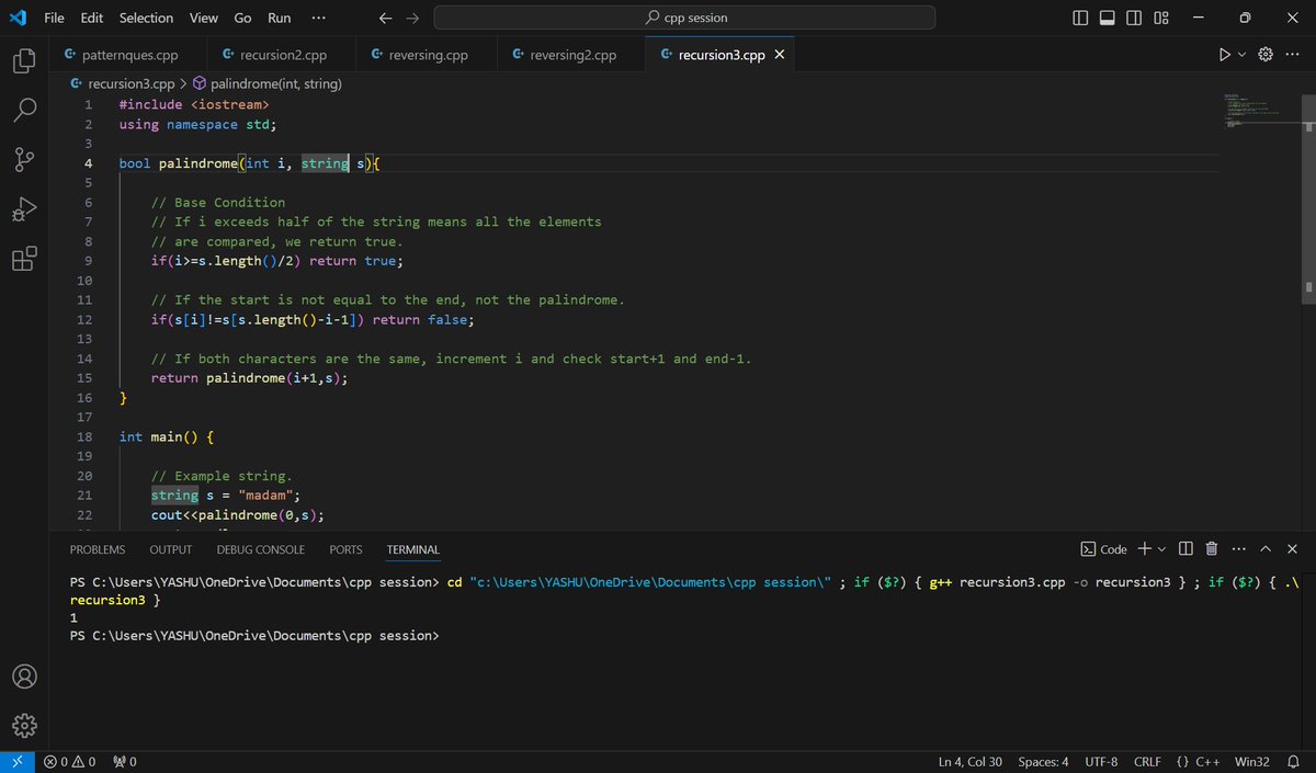 YashikaCha83487's tweet image. #25daysofcode #namespace
day 20
checking if string is palindrome or not using recursion and without using recursion