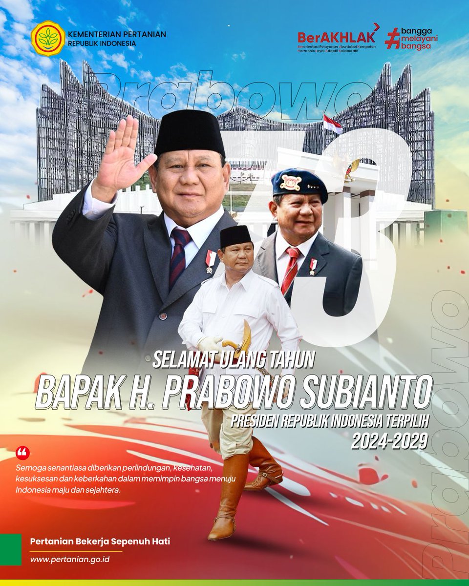 Selamat Ulang Tahun Presiden Republik Indonesia Terpilih Periode 2024-2029, Bapak <a href="/prabowo/">Prabowo Subianto</a>

Teriring doa agar Bapak senantiasa diberikan kesehatan, kesuksesan, &amp; kebijaksanaan dalam memimpin bangsa ini menuju Indonesia maju dan sejahtera. 

#HUTPakPrabowo
#HUT73PrabowoSubianto