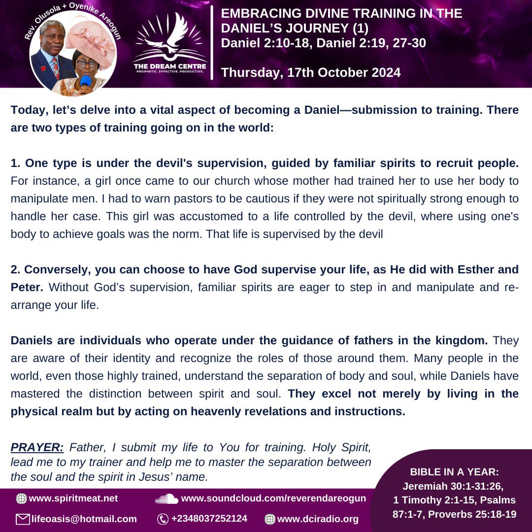 dcloicint's tweet photo. EMBRACING DIVINE TRAINING IN THE DANIEL’S JOURNEY (1) 
Daniel 2:10-18, Daniel 2:19, 27-30
Without God’s supervision, familiar spirits are eager to step in and manipulate and re-arrange your life. #SpiritMeat #ReverendAreogun #RevOyenikeAreogun https://t.co/tl6uR2n0eX