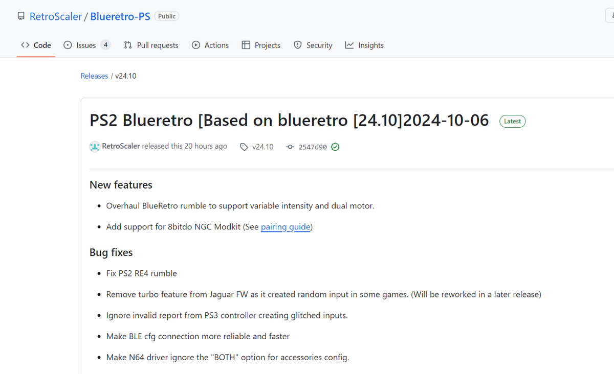NEW Firmware (24.10) for PS2 Blueretro Adapter
github.com/RetroScaler/Bl…
New features
Overhaul BlueRetro rumble to support variable intensity and dual motor.
Add support for 8bitdo NGC Modkit (See pairing guide)
(github.com/darthcloud/Blu…)