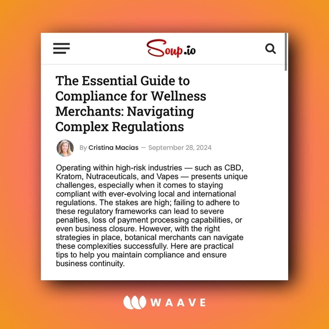 GetWAAVE's tweet photo. 🎉 Exciting News! 🎉 WAAVE is featured in "The Essential Guide to Compliance for Wellness Merchants" on https://t.co/LNyw8WKxDT! It’s a must-read for businesses in high-risk industries looking to stay on top of compliance challenges. 🌱💼

Check it out 👉 https://t.co/xeasLLSMpS https://t.co/qIUvZthvBX