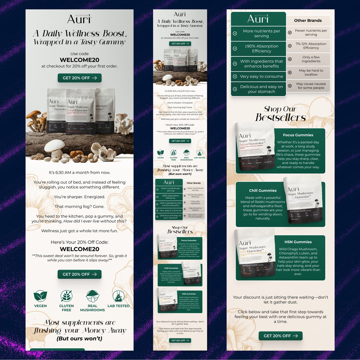 Ecommancer's tweet photo. Here is a Before and After of Auri Nutrition's welcome email.

Let me know what you think? https://t.co/MYIdfIQbqr