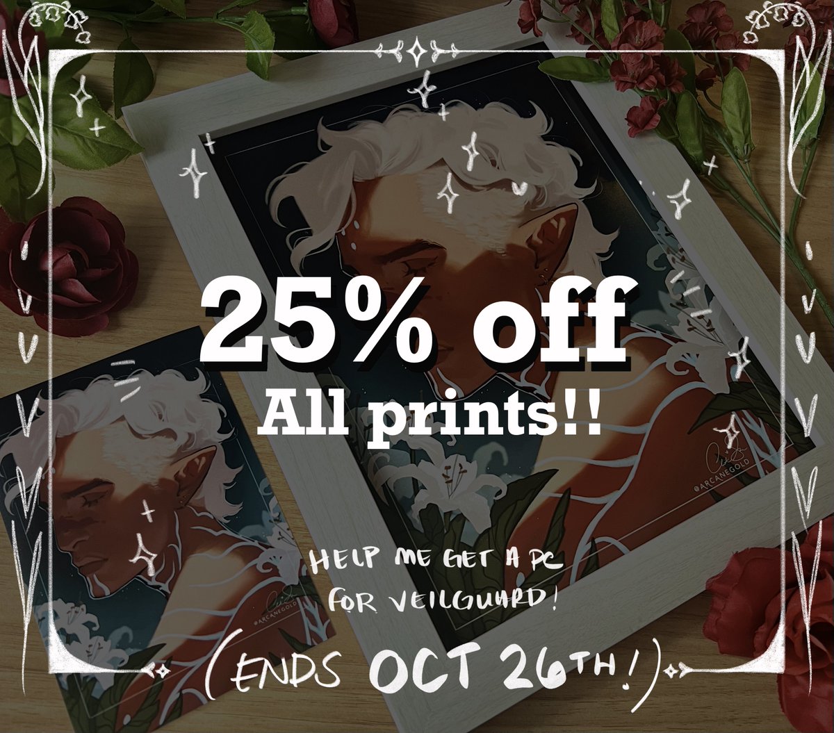 arcanegold's tweet photo. HEAR YE HEAR YE!! 🗣️ 

it is time for veilguard and i don’t have a system to play it on so you know what THAT means! a SALE!!!

everything in my et*sy will be discounted from now until oct 26!! https://t.co/dBueaWfrc2