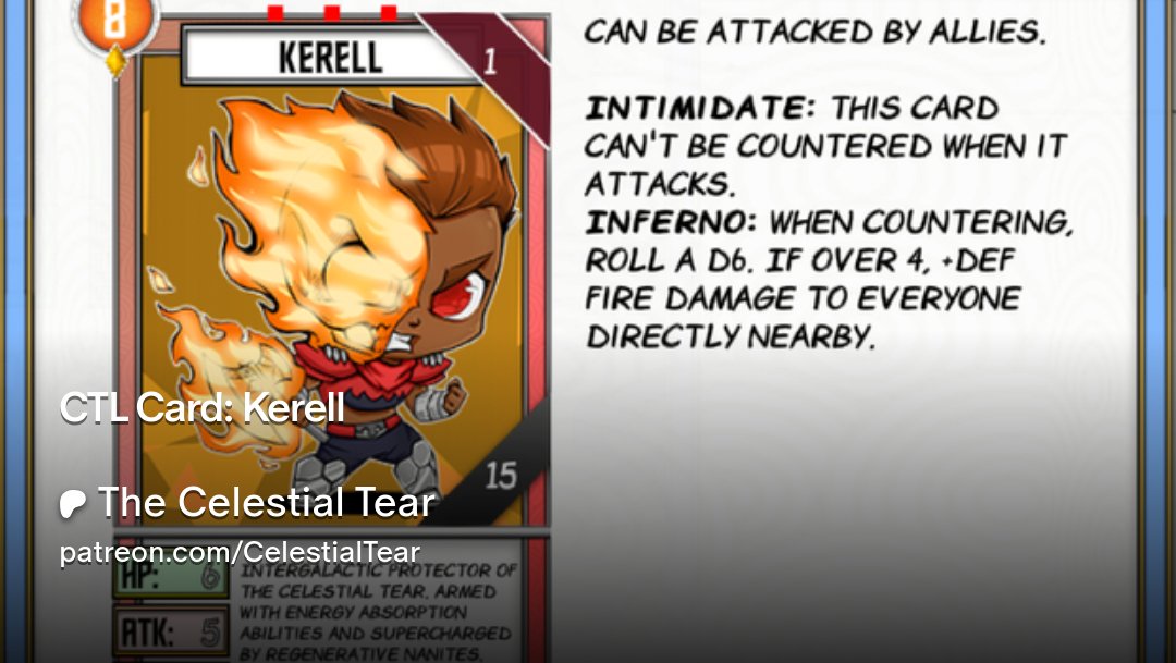 __WGS__'s tweet photo. 🔥 Kerell, a card with serious power! He’s got high ATK and deals 9 counter damage when attacked. 🎲 Roll the dice, and he could add another 9 fire damage! But be careful, even his own allies can trigger his inferno, and that fire blast hits everyone! 

#worldbuilding #TCG https://t.co/T6bqSdP5vt