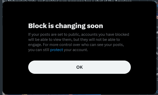 AHRonnee's tweet photo. Did you see this pop up? So people you block can still see your posts. Which means they can screenshot and then comment from their side (tagging you). Thus.... engaging you. This does not sound like a sound policy change. #Twitterrules #X #BlockIsChanging https://t.co/1kIbU5ARd8