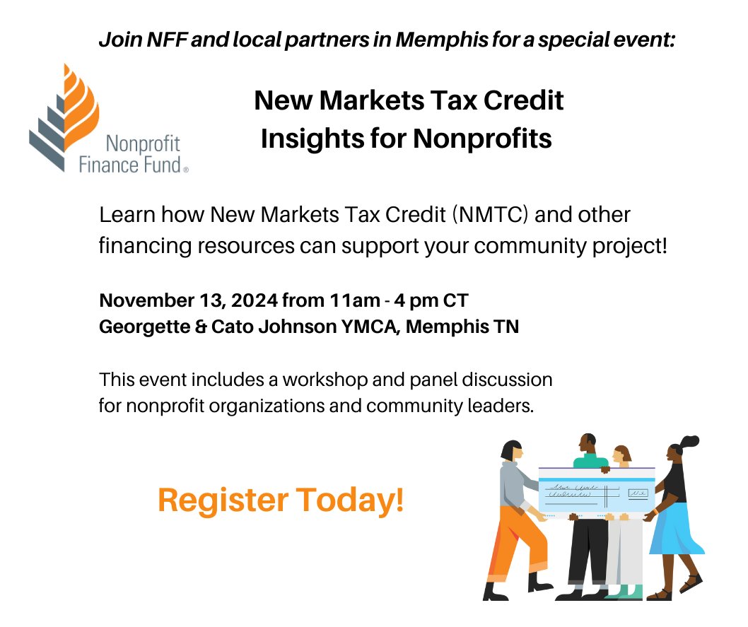 Nonprofit Finance Fund (@nff_news) on Twitter photo What are New Markets Tax Credits (#NMTC)? How can NMTC financing help us build thriving communities?
Join field experts from NFF, <a href="/YMCAMemphis/">YMCA of Memphis & the Mid-South</a>, Steadfast City Economic & Community Partners, KCD Legal Partners, and US Bancorp Impact Finance on 11/13: nff.org/new-markets-ta… What are New Markets Tax Credits (#NMTC)? How can NMTC financing help us build thriving communities?
Join field experts from NFF, <a href="/YMCAMemphis/">YMCA of Memphis & the Mid-South</a>, Steadfast City Economic & Community Partners, KCD Legal Partners, and US Bancorp Impact Finance on 11/13: nff.org/new-markets-ta…