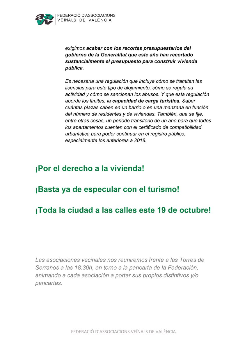 Este sábado 19 de octubre tendrá lugar una manifestación para defender el derecho de todos y todas a la vivienda, y en contra
un modelo turístico totalmente insostenible y especulativo que nos está
expulsando de nuestros barrios
valenciasofega.org