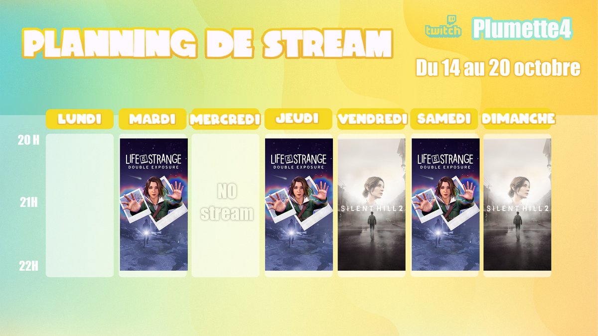 J'AI ENFIN UN PLANNING DE STREAM

Cette semaine on continue Silent Hill 2! 
et les chapitres 1 &amp; 2 de Life Is Strange Double Exposure !  
twitch.tv/plumette4
#Twitch #streameuse #Planningdestream #lifeisstrangefrance #LifeisStrangeDoubleExposure  #SilentHill2Remake