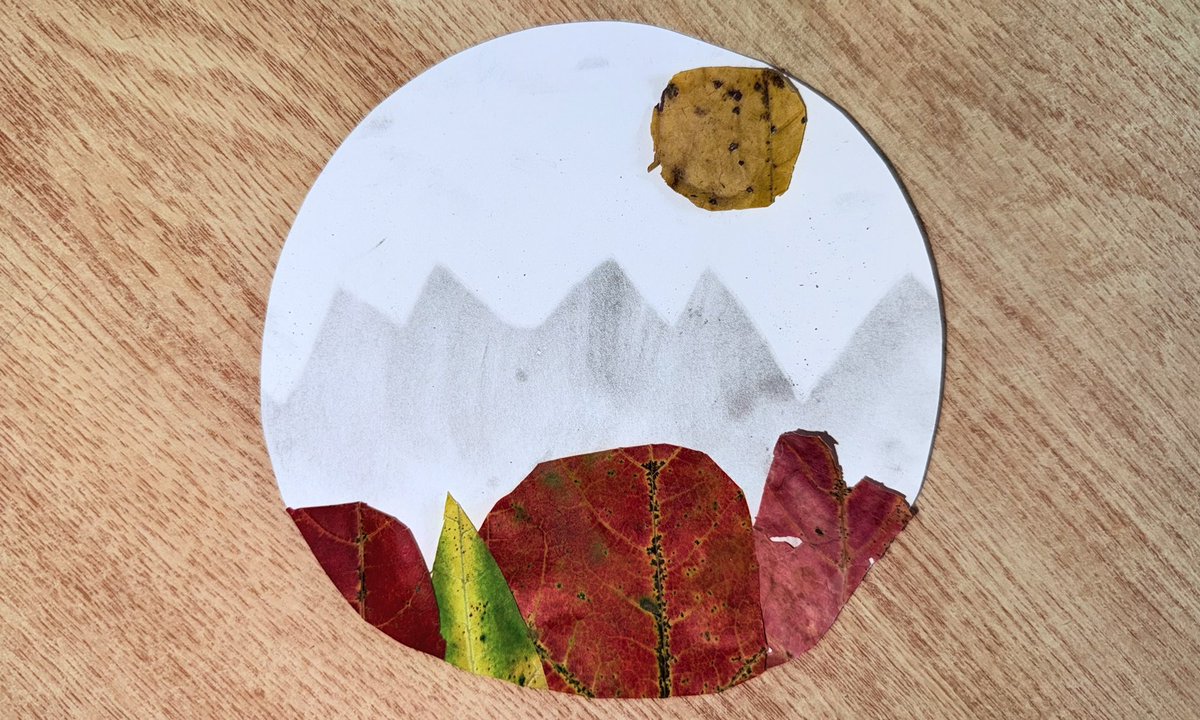 TylerAshford's tweet photo. Yesterday we went for a walk through the ravine to collect autumn leaves. Today, we used them to create art depicting fall landscapes! 🍁⛰️☀️ https://t.co/qA0MAQsr49