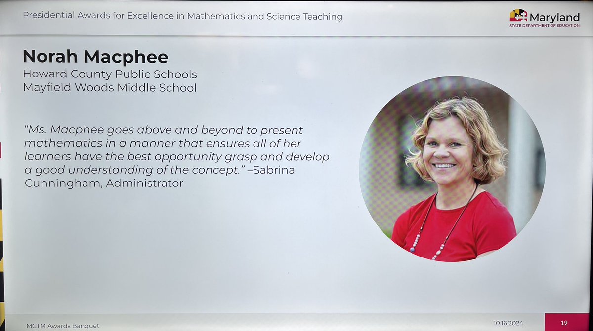 We’re on a ROLL! <a href="/hcpss_secmath/">HCPSS Secondary Math</a> and <a href="/hcpss_mwms/">Mayfield Woods MS</a> teacher, Norah MacPhee is a MD FINALIST for THE highest honor in mathematics teaching—the #PAEMST Award! CONGRATULATIONS MS. MACPHEE! @hcpss #hocoschools #hcpss