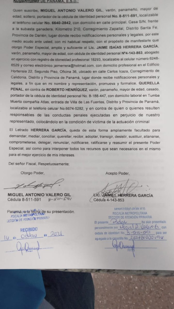 PanamaHoy_'s tweet photo. #LOULTIMO  Presentan QUERELLA PENAL contra empresario Roberto Henríquez Sasso. La misma se origina tras audios donde Henríquez  se refiere a un copartidario como mentiroso, estafador , solicitando  que divulguen el mismo. https://t.co/2OUsWFYmSm