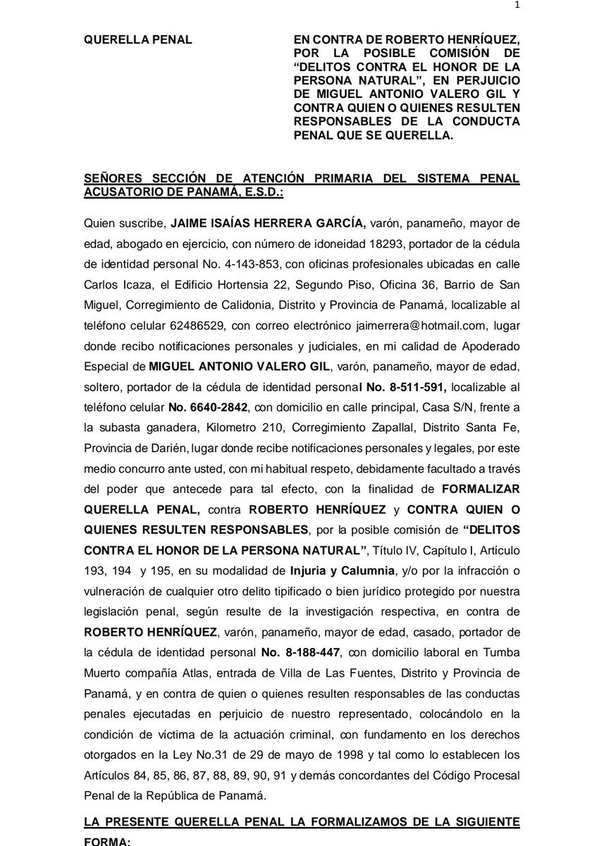 PanamaHoy_'s tweet photo. #LOULTIMO  Presentan QUERELLA PENAL contra empresario Roberto Henríquez Sasso. La misma se origina tras audios donde Henríquez  se refiere a un copartidario como mentiroso, estafador , solicitando  que divulguen el mismo. https://t.co/2OUsWFYmSm