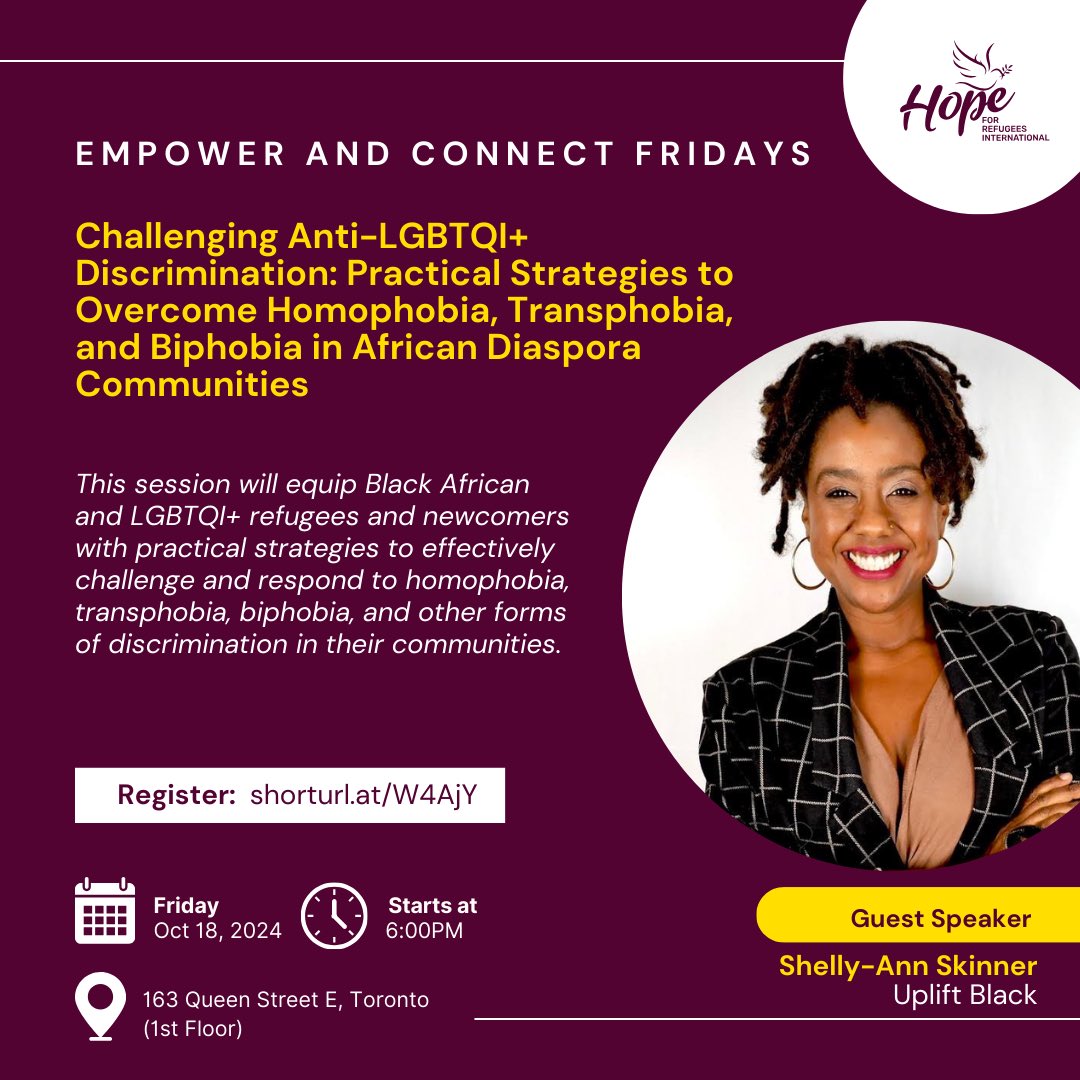 Hope for Refugees International (HRI) (@hopefulrefugees) on Twitter photo 🏳️🌈 Join us for an empowering session: “Challenging Anti-LGBTQI+ Discrimination” 💪
📅 Fri, Oct 18, 6 PM
📍 163 Queen St E, Toronto
💻 Virtual: Register here: us06web.zoom.us/meeting/regist…
Practical strategies for Black African LGBTQI+ refugees to combat discrimination!
<a href="/UPliftBlackOrg/">UPlift Black</a> 🏳️🌈 Join us for an empowering session: “Challenging Anti-LGBTQI+ Discrimination” 💪
📅 Fri, Oct 18, 6 PM
📍 163 Queen St E, Toronto
💻 Virtual: Register here: us06web.zoom.us/meeting/regist…
Practical strategies for Black African LGBTQI+ refugees to combat discrimination!
<a href="/UPliftBlackOrg/">UPlift Black</a>