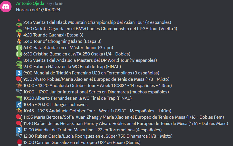 toni_op's tweet photo. #HorarioDiario: 17/10/2024
- #MundialCiclismoPista 🚴
- #WorldMixedCurling 🥌
- #WCFinalTrap 🔫
- #EuropeoT10 🏏
- #EuropeoTenisMesa 🏓
- #Súper750Dinamarca 🏸
- Eventos importantes en categorías inferiores: #MundialU23 3⃣, #EuropeoU22 🥊, #ITFJuniorMaster 🎾
¡PEDAZO DE JUEVES! https://t.co/lOrNbIkHji