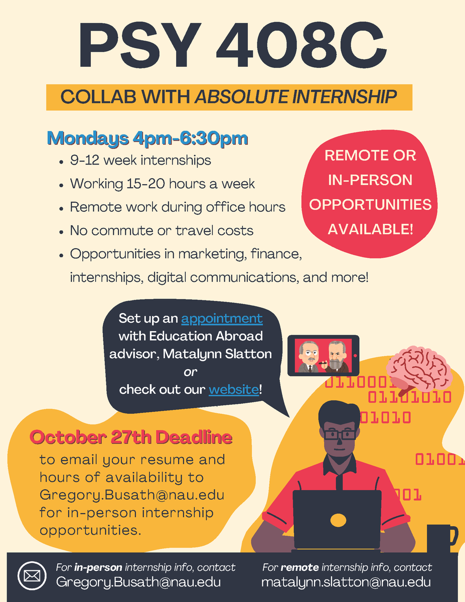 PsychNau's tweet photo. Psych majors!  Are you interested in HR or I/O psych?  Would you like to do business-focused 408C internship?  Then this is for you! https://t.co/noKxC8X5XT