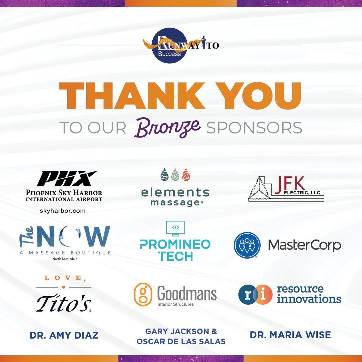 runwayGWCC's tweet photo. Thank you to our incredible sponsors for supporting Runway to Success 2024! 💙

@DrAmyDiaz
@ElementsMassage
@goodmansgoodguy
JFK Electrical
@mastercorp_inc
Oscar De La Salas &amp; Gary Jackson
@PHXSkyHarbor
Promineo Tech
Resource Innovations
Dr. Maria Wise
The NOW Massage
@titosvodka https://t.co/2RRJwS8G1m