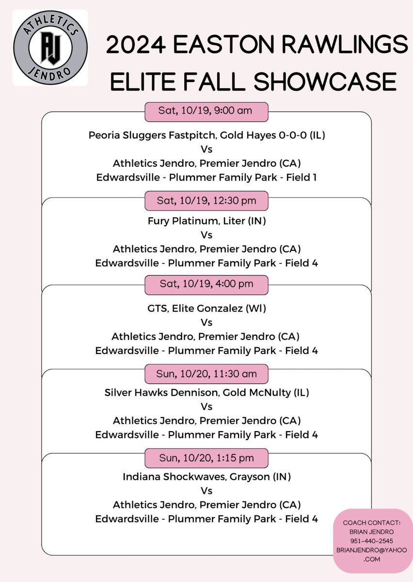 Official schedule for the 2024 Easton Rawlings Elite Fall Showcase. Hope to see you there!! <a href="/BrianJendro/">Athletics jendro</a> <a href="/ACU_Softball/">ACU Softball</a> <a href="/MontanaGrizSB/">Montana Griz SB</a> <a href="/UKsoftball/">Kentucky Softball</a> <a href="/MT_Softball/">Middle Tennessee Softball</a> <a href="/CalPolySoftball/">Cal Poly Softball</a> <a href="/FresnoStateSB/">Fresno State Softball</a> <a href="/umichsoftball/">Michigan Softball</a> <a href="/OregonSB/">Oregon Softball</a> <a href="/BeaverSoftball/">Oregon State Softball</a>