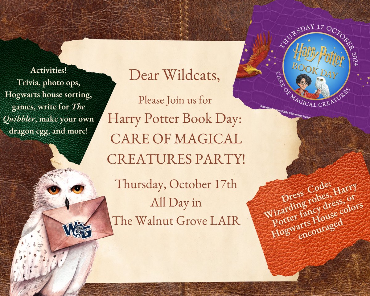 WGHS_LAIR's tweet photo. Come celebrate Harry Potter Book Day in the LAIR on Thursday 10/17!!! 🦉🧙‍♀️@WalnutGroveHS @PISD_Libraries #harrypotterbookday https://t.co/PiBIMBD53g