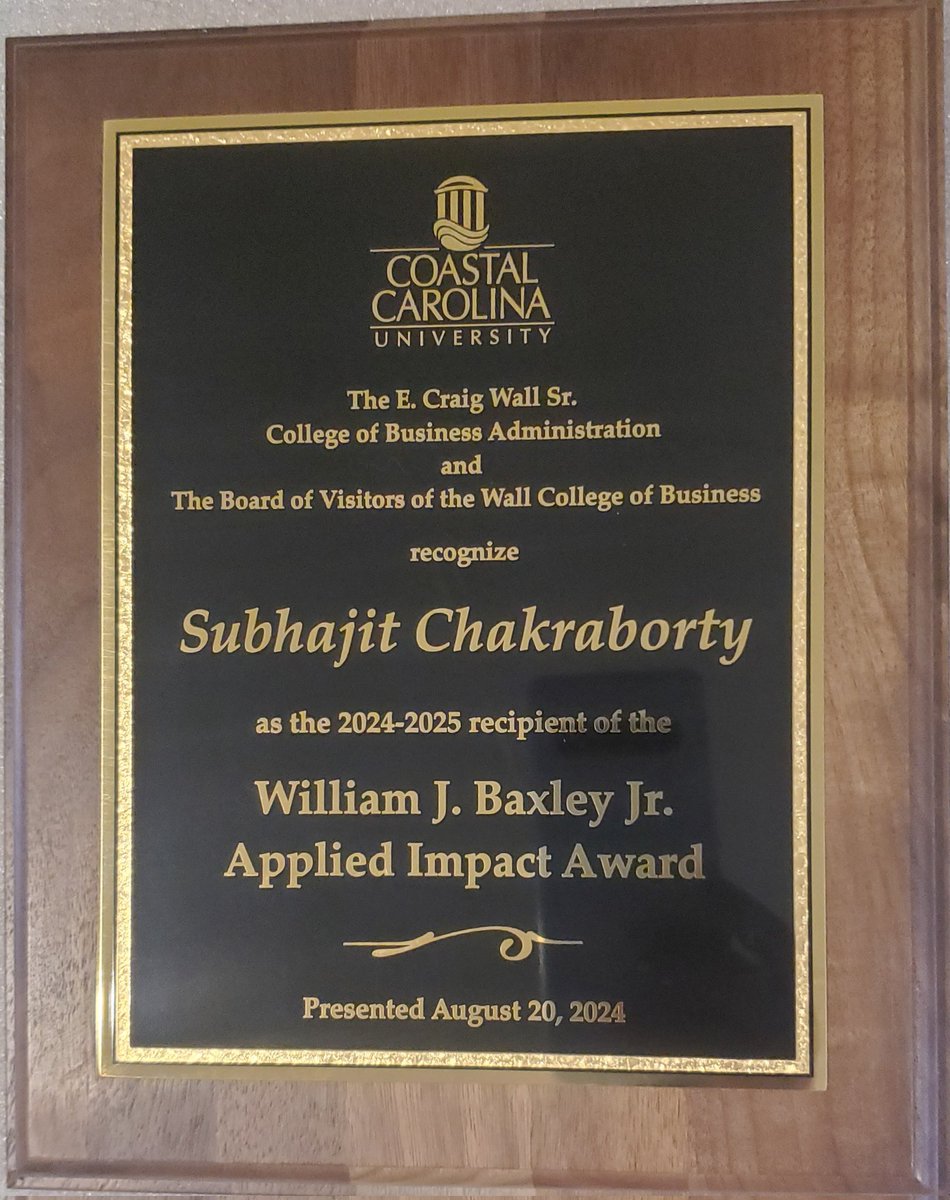 Subhajit Chakraborty (@subhajitc) on Twitter photo Happy to receive the plaque for the Baxley Applied Impact award now (and the certificate & letter earlier). A big Thank you to Dean, <a href="/ccuwallcollege/">Coastal Carolina Wall College of Business</a> and the committee!! #thankyou Happy to receive the plaque for the Baxley Applied Impact award now (and the certificate & letter earlier). A big Thank you to Dean, <a href="/ccuwallcollege/">Coastal Carolina Wall College of Business</a> and the committee!! #thankyou